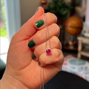 Dainty Hot Pink Ruby Solitaire CZ Halo Sterling Silver Necklace